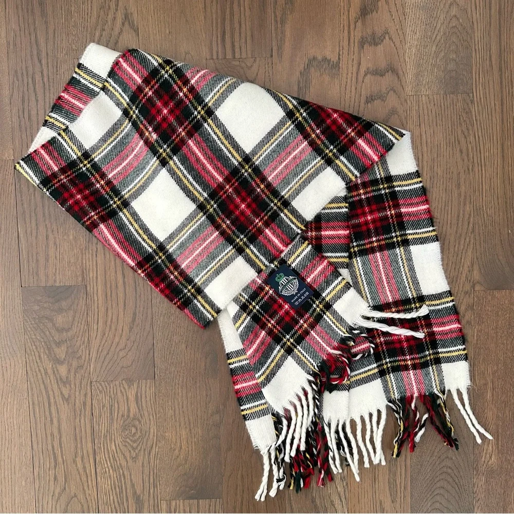 Vintage Classic Tartan Plaid 100% Lambswool Scarf in White, Red, Black 62